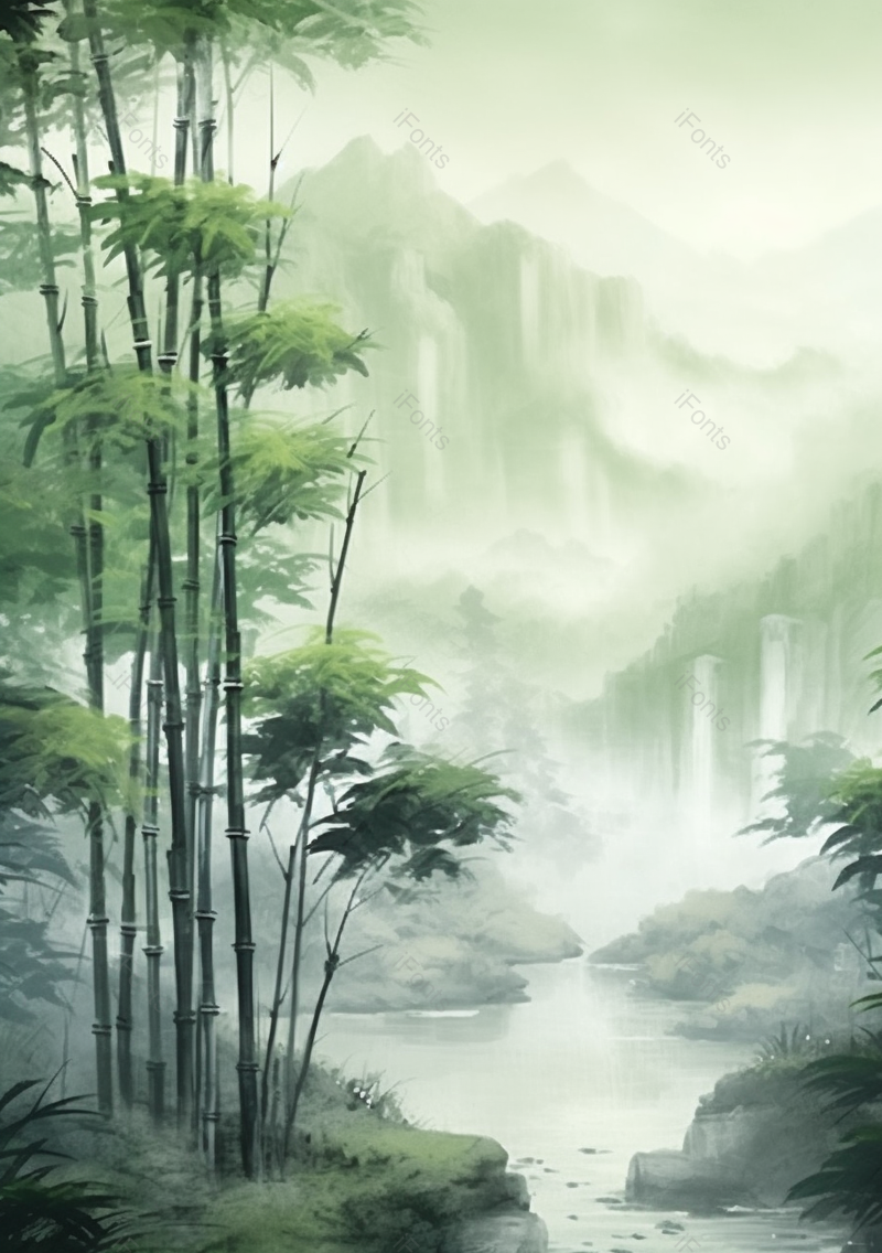 中国风水彩画彩色水彩插画墨绿色的竹子竹叶远处的山峰瀑布雾气弥漫的背景插画,插画/手绘图,插画/手绘图库,插画/手绘图下载,插画/手绘